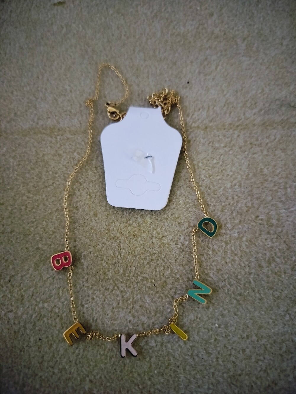 "BE KIND" Enamel Letter Choker Necklace Gold Tone Multi-Color Pendant Chain